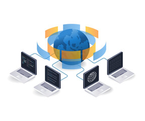 Internet computer network information technology concept, flat isometric 3d illustration
