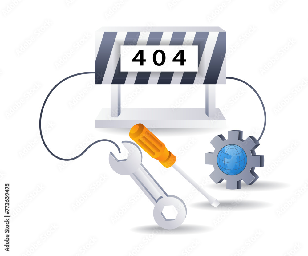 Poster maintenance error code 404 sign, flat isometric 3d illustration