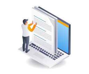 Man writing a blog content article, flat isometric 3d illustration