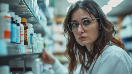 A focused female pharmacist meticulously checking labels on medicine bottles in a tidy pharmacy, real photo, stock photography