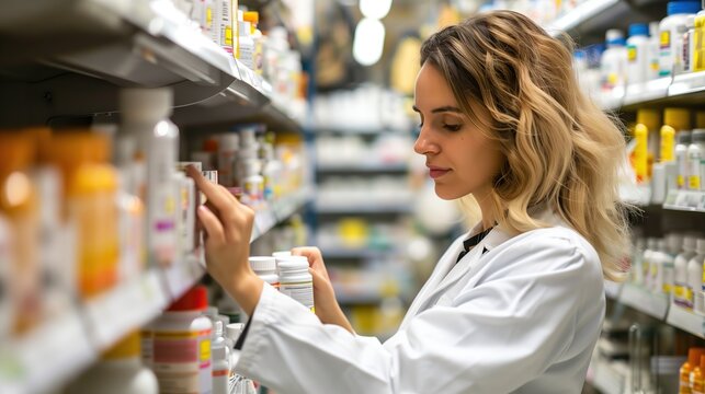 A focused female pharmacist meticulously checking labels on medicine bottles in a tidy pharmacy, real photo, stock photography