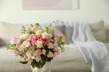 Beautiful bouquet of fresh flowers in vase indoors, space for text - obrazy, fototapety, plakaty