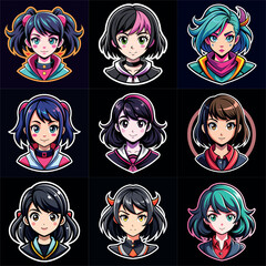 Girl portraits cartoon  set. Avatar collection. Colorful funny young beautiful women. Art illustration set. Girl cute anime face. Anime japanese cosplay. Icon set vector illustration.
