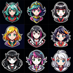 Girl portraits cartoon  set. Avatar collection. Colorful funny young beautiful women. Art illustration set. Girl cute anime face. Anime japanese cosplay. Icon set vector illustration.
