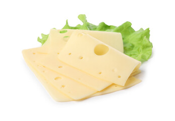 Slices of tasty fresh cheese and lettuce isolated on white