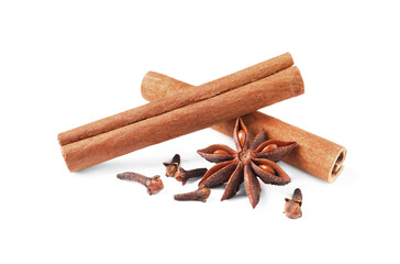 Many different aromatic spices on white background