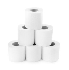 Pyramid of toilet paper rolls isolated on white