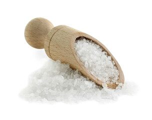 Fototapeta na wymiar Heap of natural salt and wooden scoop isolated on white