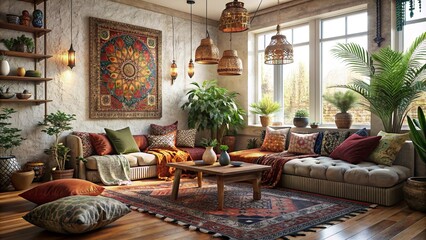 Bohemian boho style lounge room with a eclectic design aesthetic