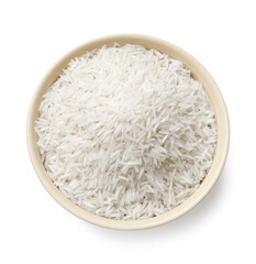 Raw basmati rice in bowl isolated on white, top view