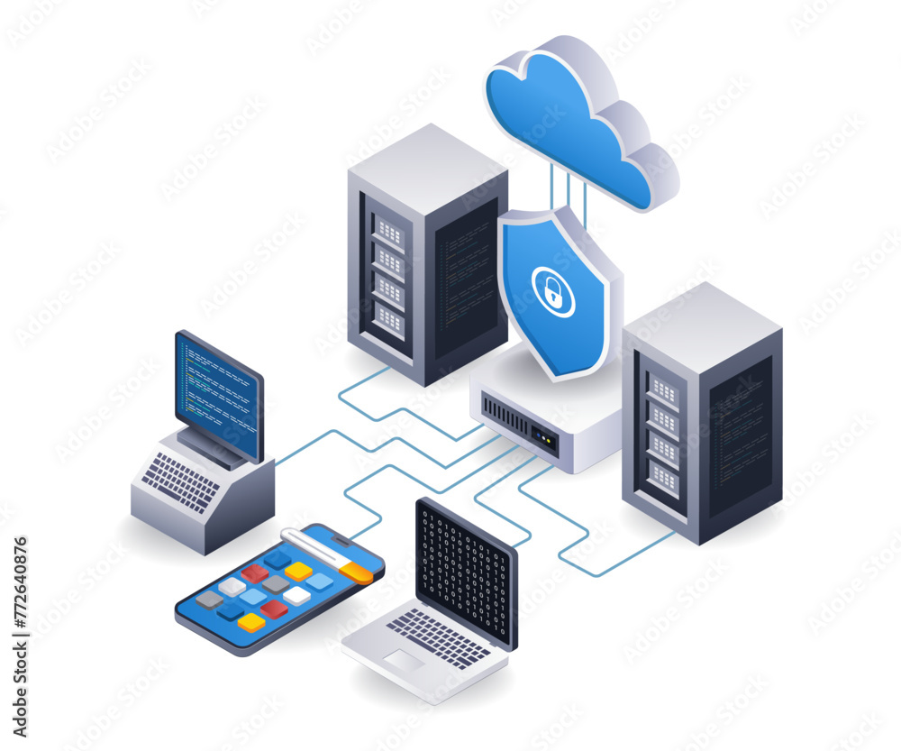Leinwandbilder end point data security cloud server application technology concept, flat isometric 3d illustration