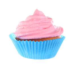 Delicious cupcake with pink cream isolated on white