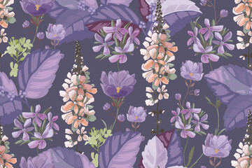 Vector floral seamless pattern. Lilac, violet, peach color flowers