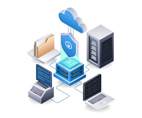 End point data security cloud server technology concept, flat isometric 3d illustration