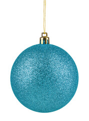 Light blue Christmas ball hanging on white background