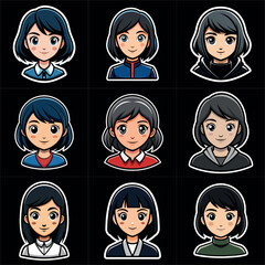 Girl portraits cartoon  set. Avatar collection. Colorful funny young beautiful women. Art illustration set. Girl cute anime face. Anime japanese cosplay. Icon set vector illustration.
