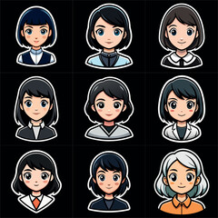 Girl portraits cartoon  set. Avatar collection. Colorful funny young beautiful women. Art illustration set. Girl cute anime face. Anime japanese cosplay. Icon set vector illustration.
