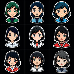Girl portraits cartoon  set. Avatar collection. Colorful funny young beautiful women. Art illustration set. Girl cute anime face. Anime japanese cosplay. Icon set vector illustration.
