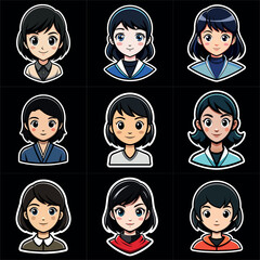 Girl portraits cartoon  set. Avatar collection. Colorful funny young beautiful women. Art illustration set. Girl cute anime face. Anime japanese cosplay. Icon set vector illustration.

