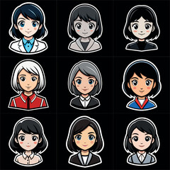 Girl portraits cartoon  set. Avatar collection. Colorful funny young beautiful women. Art illustration set. Girl cute anime face. Anime japanese cosplay. Icon set vector illustration.
