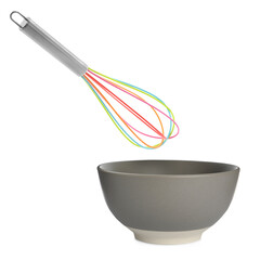 Colorful whisk and ceramic bowl isolated on white. Cooking utensils