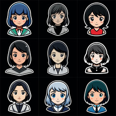 Girl portraits cartoon  set. Avatar collection. Colorful funny young beautiful women. Art illustration set. Girl cute anime face. Anime japanese cosplay. Icon set vector illustration.
