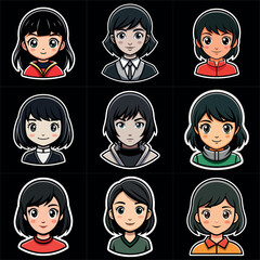 Girl portraits cartoon  set. Avatar collection. Colorful funny young beautiful women. Art illustration set. Girl cute anime face. Anime japanese cosplay. Icon set vector illustration.
