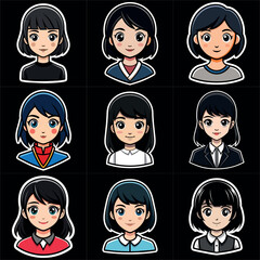 Girl portraits cartoon  set. Avatar collection. Colorful funny young beautiful women. Art illustration set. Girl cute anime face. Anime japanese cosplay. Icon set vector illustration.
