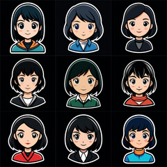 Girl portraits cartoon  set. Avatar collection. Colorful funny young beautiful women. Art illustration set. Girl cute anime face. Anime japanese cosplay. Icon set vector illustration.
