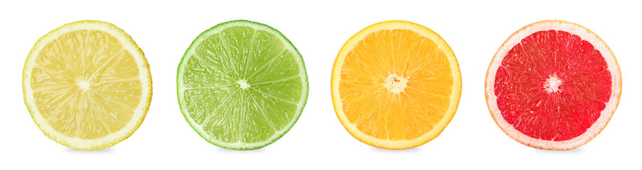 Citrus fruits. Cut fresh lemon, grapefruit, lime and orange isolated on white, set