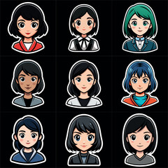 Girl portraits cartoon  set. Avatar collection. Colorful funny young beautiful women. Art illustration set. Girl cute anime face. Anime japanese cosplay. Icon set vector illustration.
