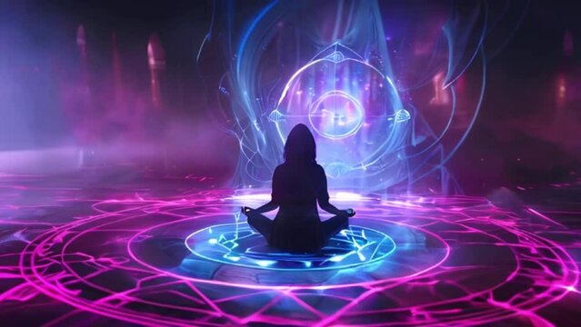 Yoga meditation. Silhouette of person meditating in a mystical circle with neon lights