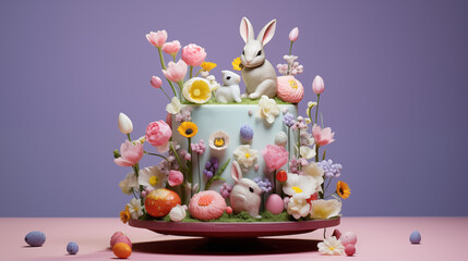 Easter bunny cake, decorative cake with eggs & rabbit Easter poster and banner template with on light background Greetings for Easter 