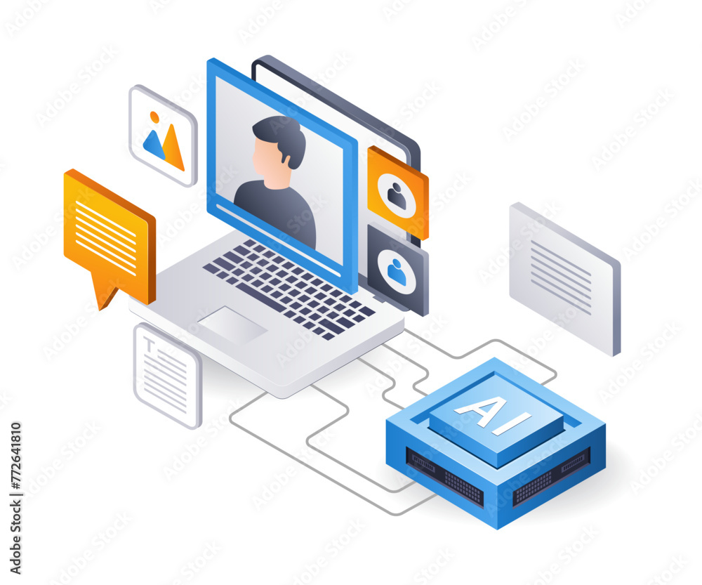 Poster Creating video content with artificial intelligence technology flat isometric 3d illustration