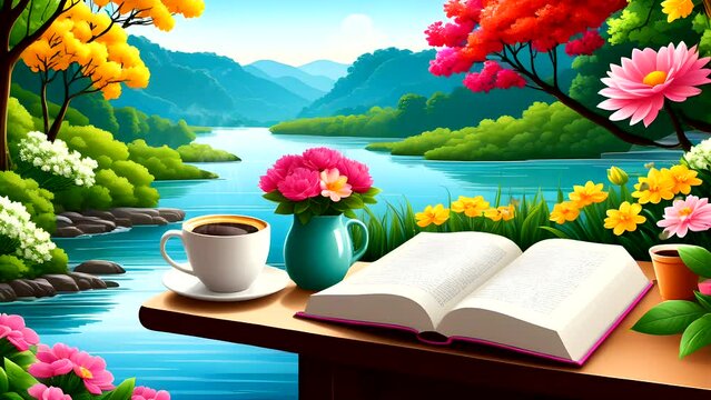 open book on the table, a vase of flowers with a cup of coffee on the table, forest and river. Seamless looping 4k time-lapse video animation background 