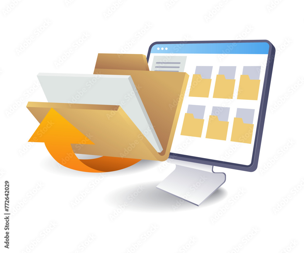 Poster computer data folder concept, flat isometric 3d illustration