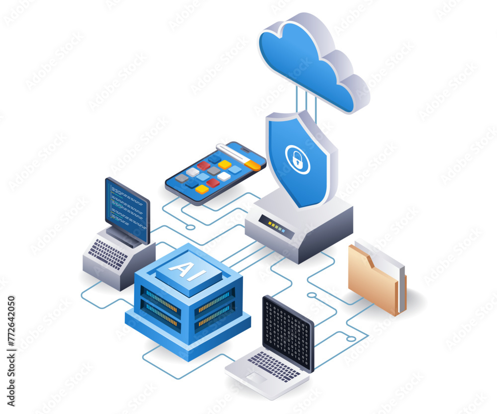 Fototapete computer cloud server security application program network concept flat isometric 3d illustration
