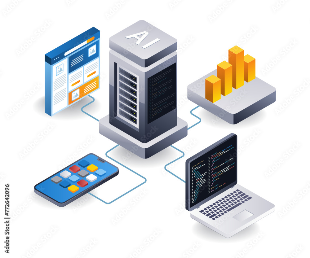 Leinwandbilder cloud server web application developer, flat isometric 3d illustration