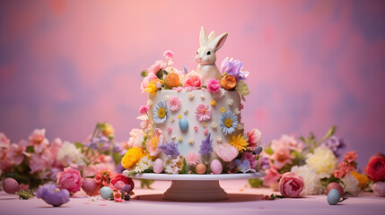 Easter bunny cake, decorative cake with eggs & rabbit Easter poster and banner template with on light background Greetings for Easter 