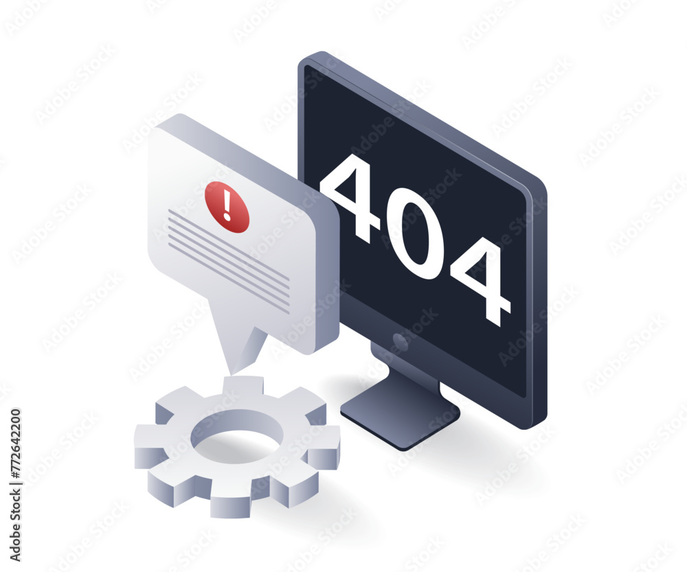 Poster computer warning error 404, flat isometric 3d illustration