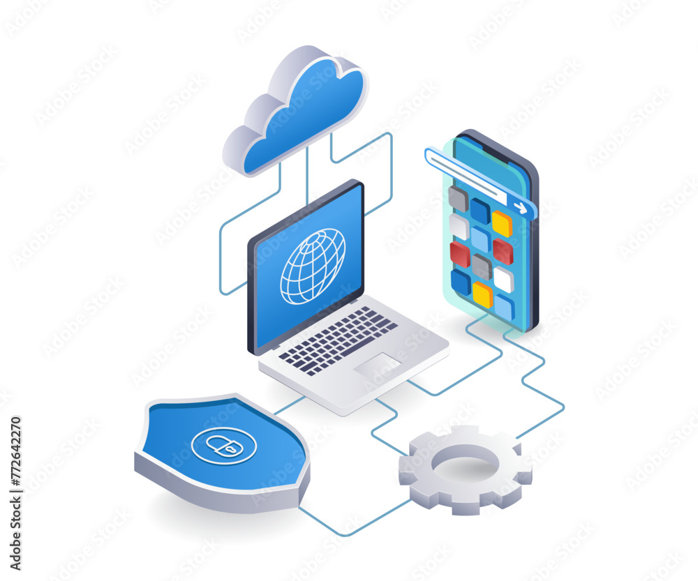 Poster Computer security data cloud server smartphone application, flat isometric 3d illustration