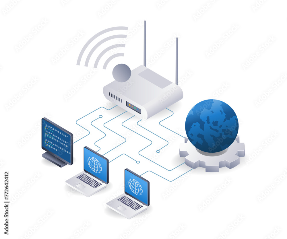Poster Computer internet router usage network concept, flat isometric 3d illustration