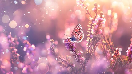 Surprisingly beautiful colorful floral background. Heather flowers and butterfly in rays of summer sunlight in spring outdoors on nature macro, soft focus. Atmospheric photo, gentle artistic image.