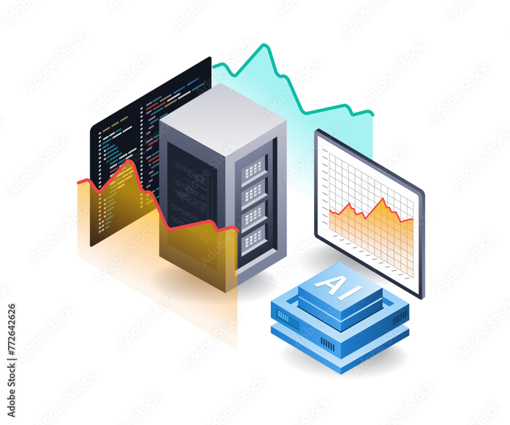 Aufkleber artificial intelligence server data analysis, flat isometric 3d illustration