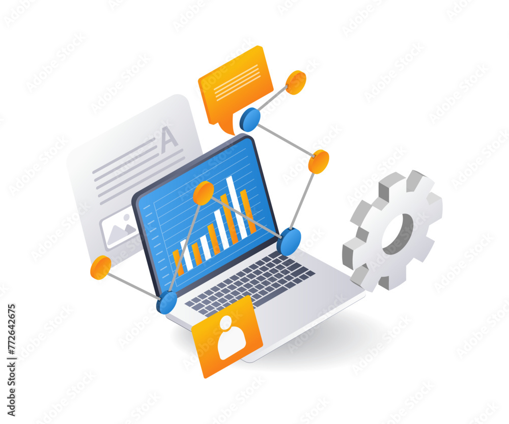 Poster business development analyst data process flat isometric 3d illustration