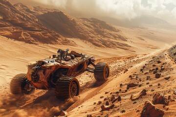 Futuristic Off Road Vehicle Speeding Through a Barren Desert Landscape, Adventure Travel Concept in a Dusty Martian like Terrain