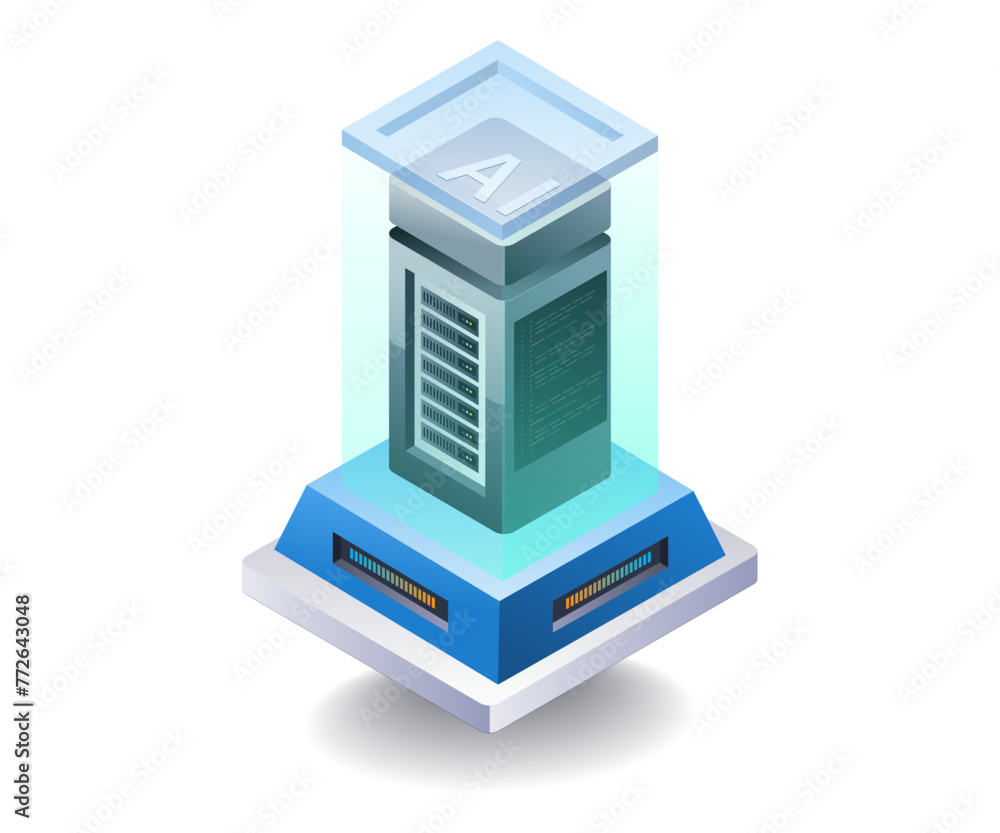 Poster artificial intelligence technology data server concept, flat isometric 3d illustration
