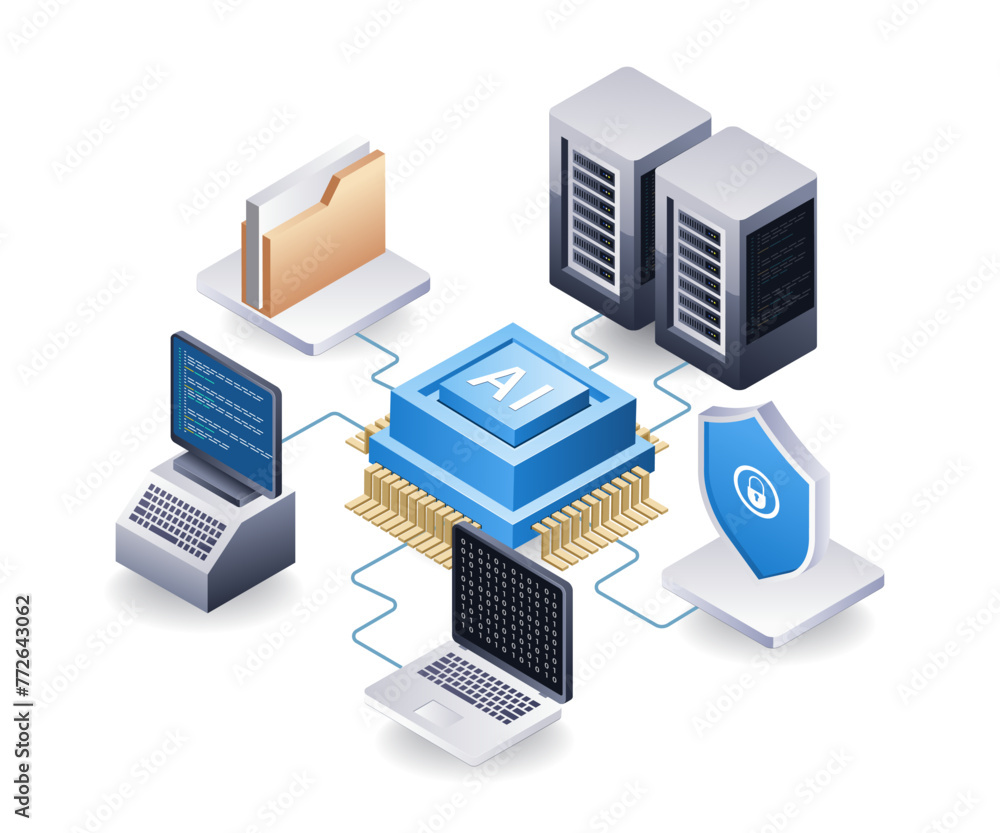Aufkleber artificial intelligence technology controls cloud server security, flat isometric 3d illustration