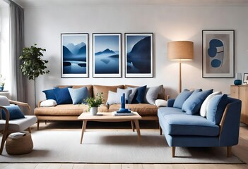Contemporary space adorned with elegant blue and white design elements, Cozy sitting area featuring blue and white furniture, Relaxing interior with a color-coordinated blue and white theme.