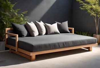Serene daybed on concrete terrace, Relaxing outdoor daybed setup, Wooden daybed on modern patio.